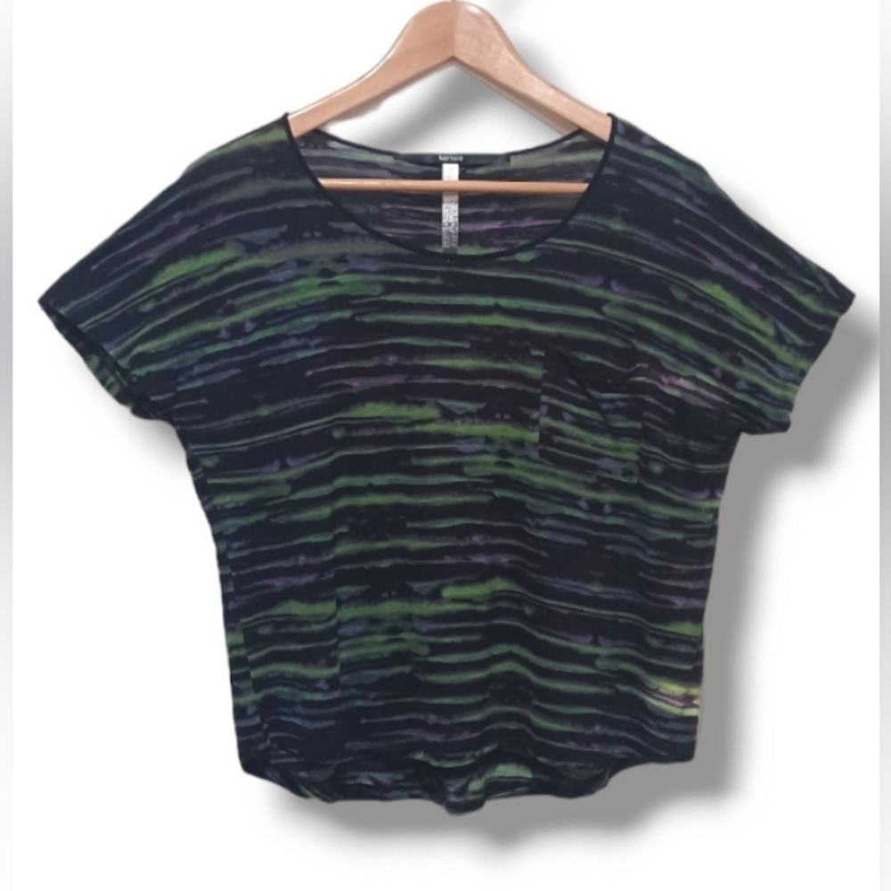 Kensie Viscose Pocket Tee Purple Green Black Striped Womens Lg Short Sleeve Top